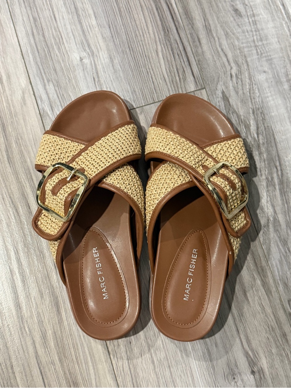 Marc Fisher Tan Leather & Natural Woven Buckle Slides